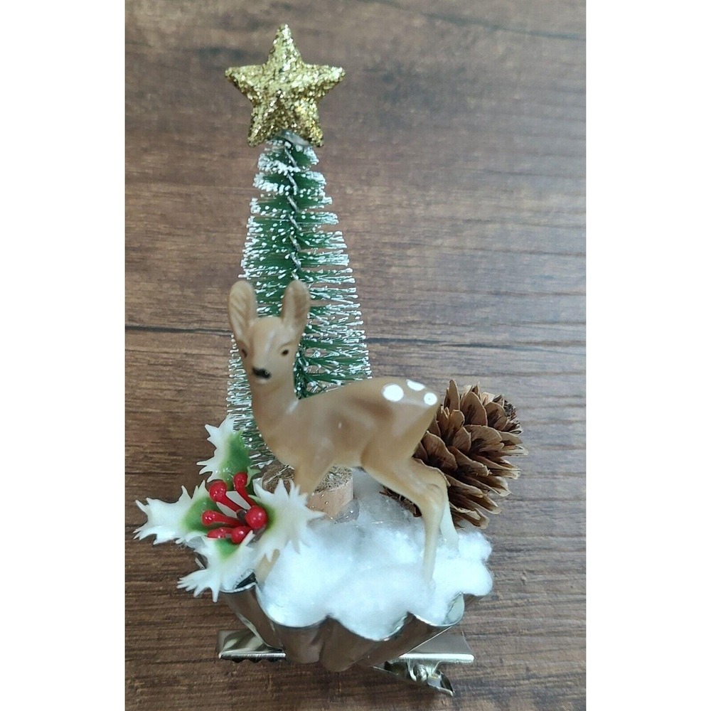 Vtg Deer Clip On Christmas Ornament Tart Tin Fawn Tree Pinecone Holly Snow O1